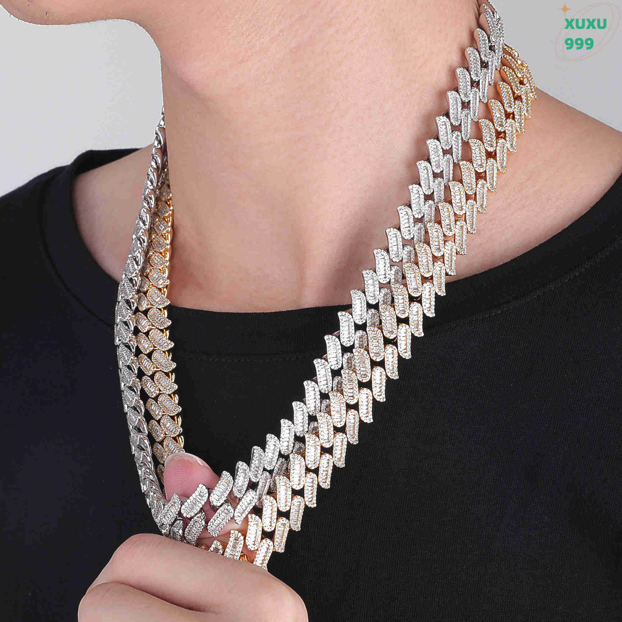 OACOCA Custom 925 Silver Cuban Necklace 12mm VVS round Moissanite Strand Type Chains for Wedding or Gift