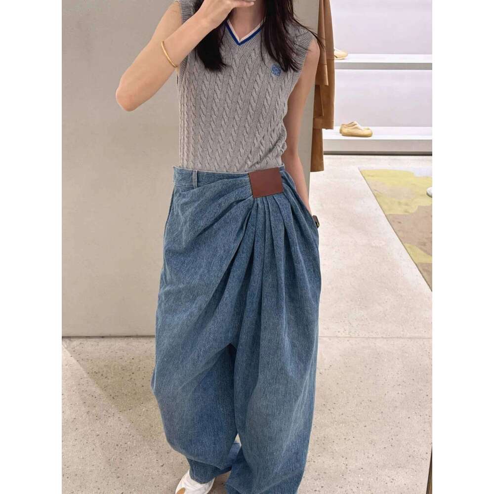 American Wide Leg Denim For Women In Spring And Autumn, Fashionable Pleated Design, Loose Floor Length Pants