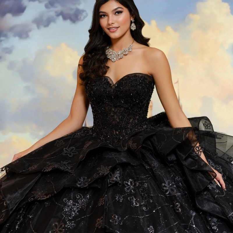 Black Shiny Off The Shoulder Ball Gown Quinceanera Dresses Sequin Appliques Beading Tiered Tull Sweet 16 Dress vestidos 15 Anos
