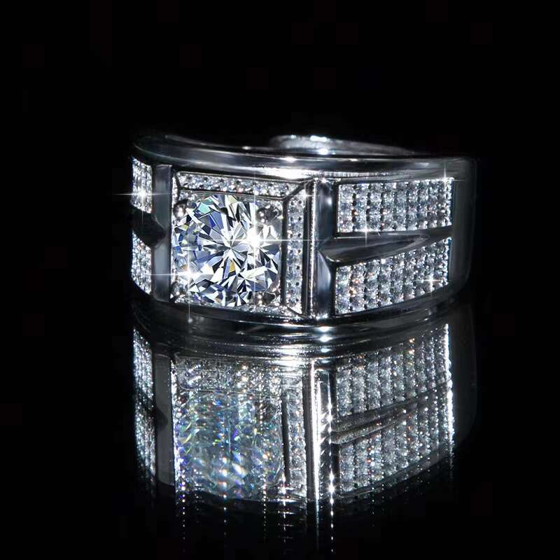 Wholesale Free Certificate Classic 925 Sterling Silver Rhodium Plated 1CT Round Brilliant Cut Moissanite Ring for Men