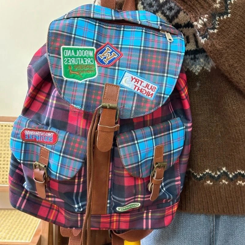 Vintage Plaid Casual Contrast Color Backpacks Preppy Streetwear Fashion Womens Bags Y2k Students Retro Ins All Match Schoolbags 250606