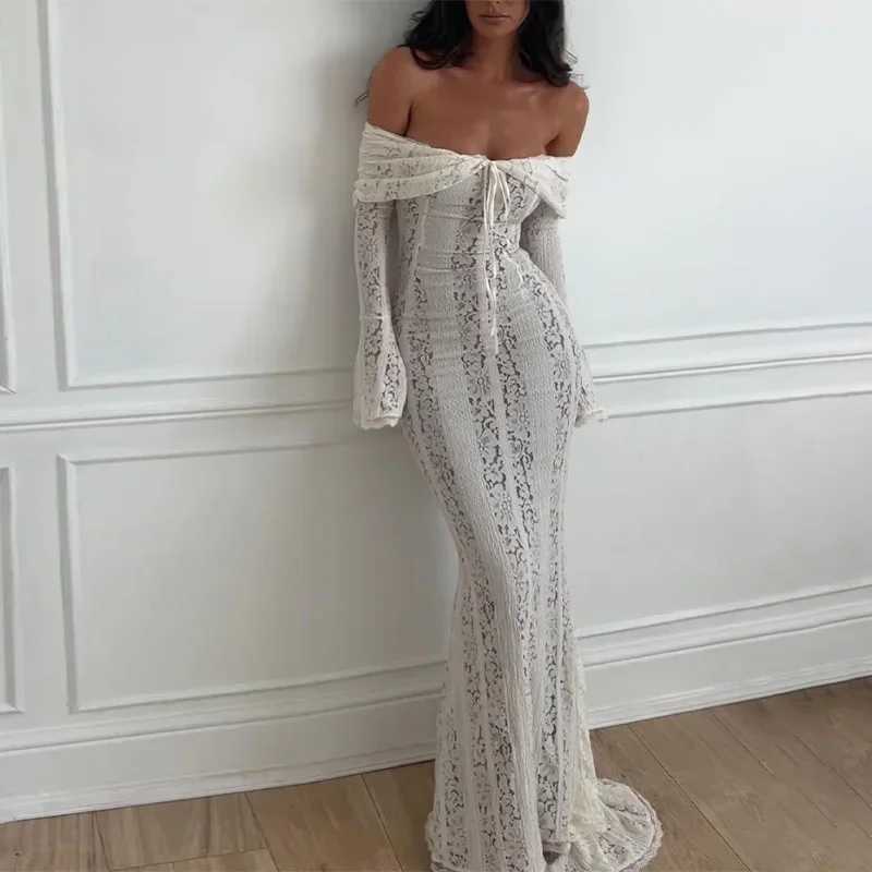 Sexy Women Hollow Out Slash Neck Lace Flared Sleeve Long Dress Elegant Laced Up Slim Fit Robes New Lady Evening Party Dresses XJ250610
