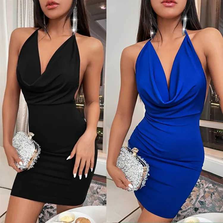 Sexy Mini Dress Lace Up Strap Pure Solid Party Club Elegant Y2K Hanging Neck Hollow Backless Strapless V Neck Elegant Evening Dress XJ250610
