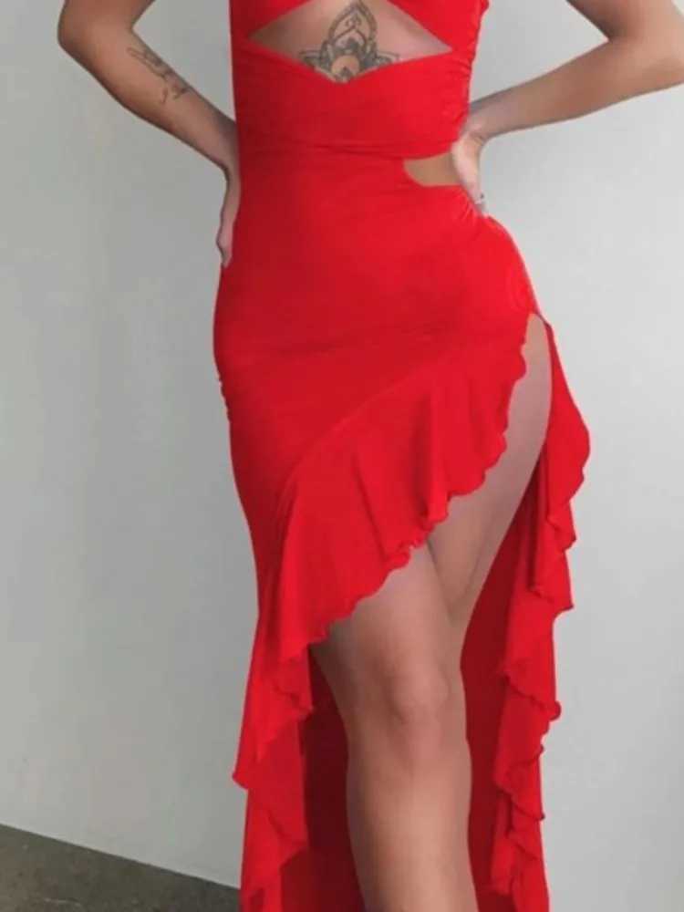 Sexy Irregular Tube Top Party Dresses Women Trend Streetwear Hollow Out Ruffles Package Hip Bodycon Slit Dress Club Prom Vestido XJ250610