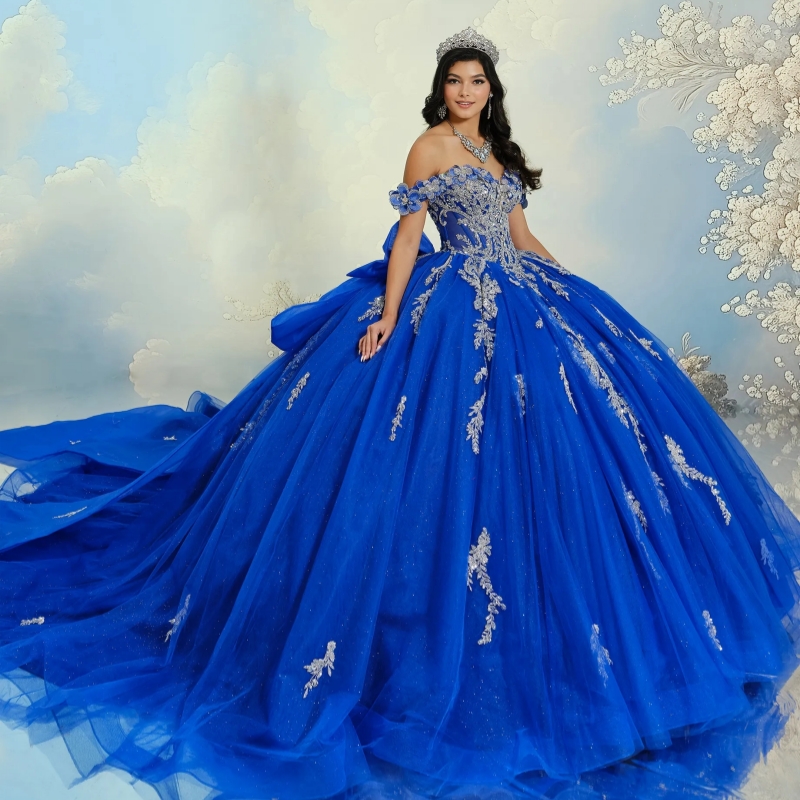 Blue Shiny Quinceanera Dresses Ball Gown Off The Shoulder Applique Lace Beading Crystal Tull Sweet 16 Dress Vestidos 15 De Anos