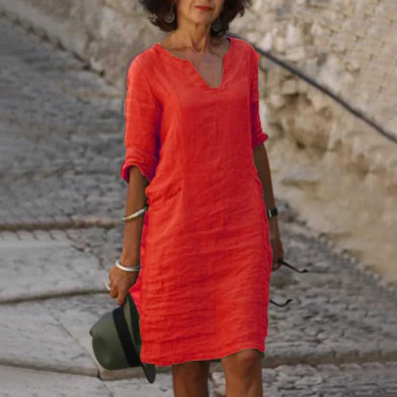 Vintage Solid Mini Dress Women Fashion Summer V-neck Three Quarter Sleeve Cotton Linen Party Dresses Ladies Casual Femme Vestidos XJ250610