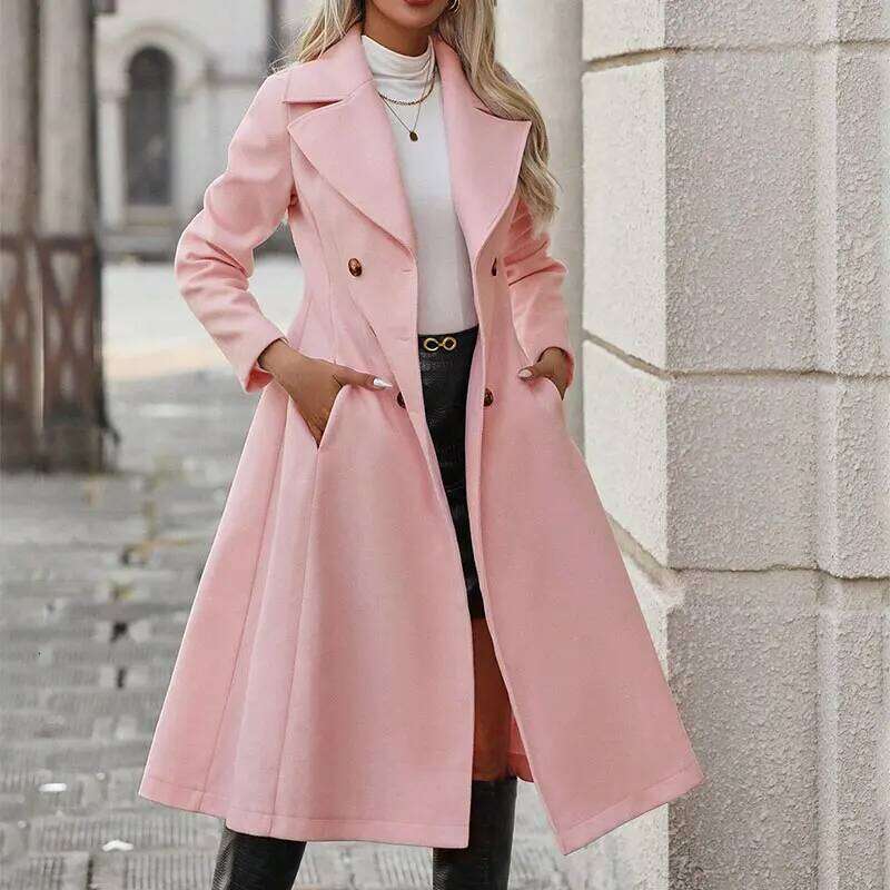 Women New Autumn Winter Pink Fashion Streetwear Suit Collar Button Elegant Lady Coat Trench Slim Versatile Clothing