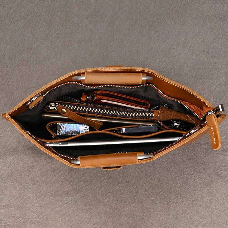 Genuine Zipper Briefcase For Man Messenger Office Bags Male Crazy Horse Leather Laptop Bag 13 Inch Maletines Hombre