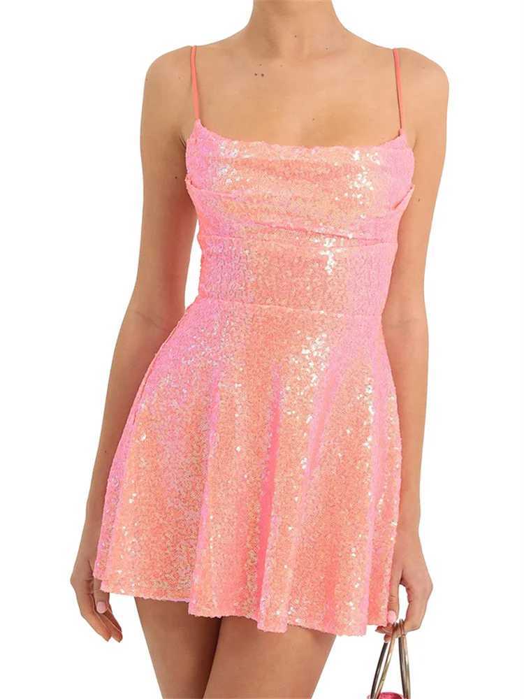 Women Shiny Sequins Dress Summer Backless A-Line Mini Dress for Cocktail Party Beach Streetwear XJ250610