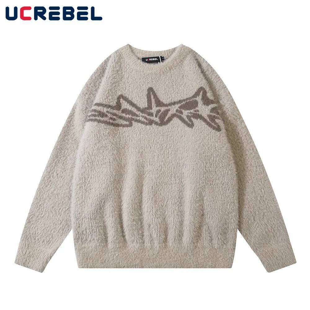 Jacquard Knitted Mens Autumn Winter Loose Casual Long Sleeve Sweater High Street Round Neck Pullover Men