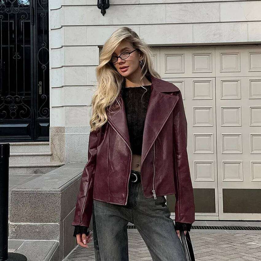 Trendy Wine Red Faux Leather Jakcet Fashion Outerwear Thicken Zipper Lapel Pu Coats Autumn Winter Streetwear Ladies Tops Women