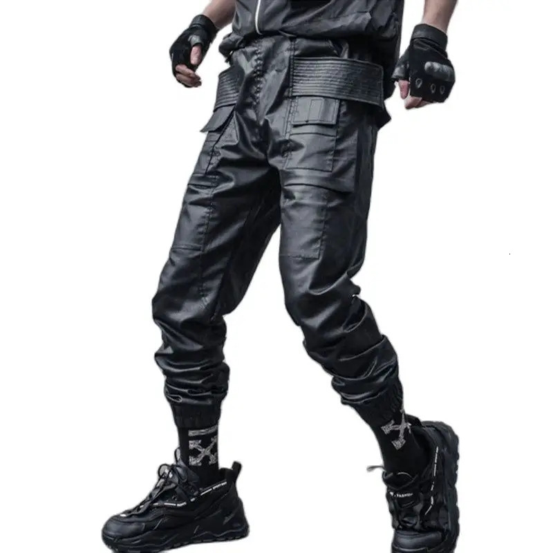 Waxy Coating Punk Hip Hop Cargo Pants Mens Multi-pockets Motorcycle Techwear Functional Joggers Street Casual Trousers 250609