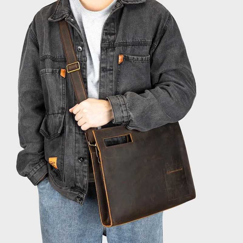 Mens Office Bag Briefcase with 11 inch Laptop Waterproof Fabric Retro Genuine Leather Handbag Crossbody Bag Chest Bag W250610