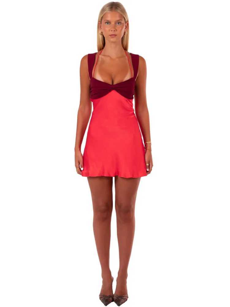 Mozision Patchwork Sleeveless Sexy Mini Dress For Women Robe Satin Strapless Backless Lace-up High Waist A-line Club Dress XJ250610