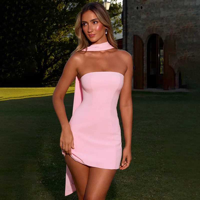 European and American Cross border 2024 Summer New Solid Color Skirt Hanging Neck Strap High Waist Slimming Short Dress XJ250610