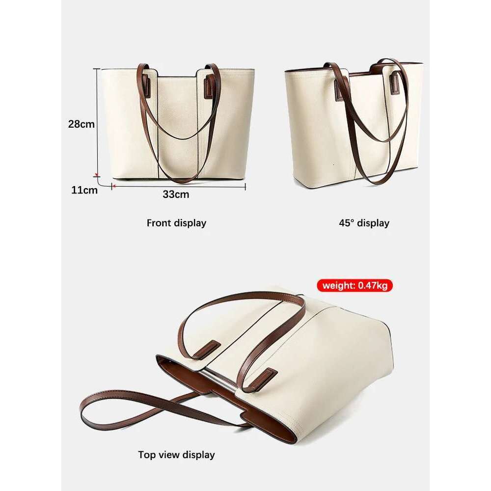 Zency 2024 Genuine Leather Women's Work Tote Bag Handbag Classic Elegant Beige Large Capacity Shopper Pocket Black Purse For A4