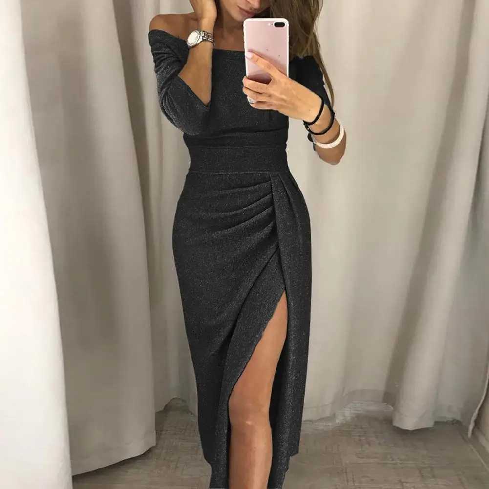 2025 Shiny Women Dress Bright Surface Sexy Off Shoulder Pleated High Waist Split Bodycon Dress Pleated Hip Wrap Evening Dress XJ250610