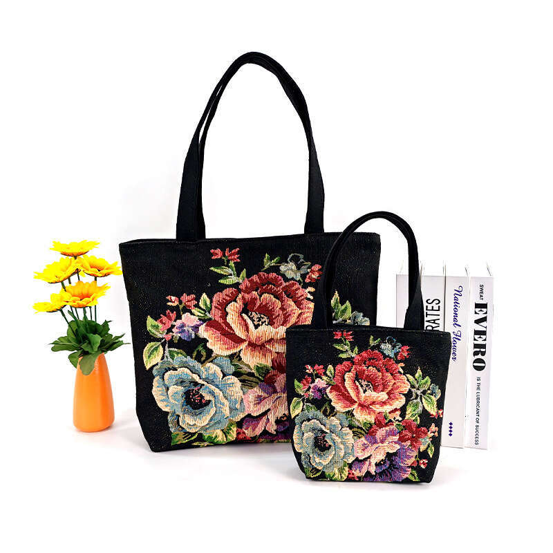 Canvas Tote Jacquard Embroidery Handbag Ethnic Style Office Casual Zipper Small Handheld Bag