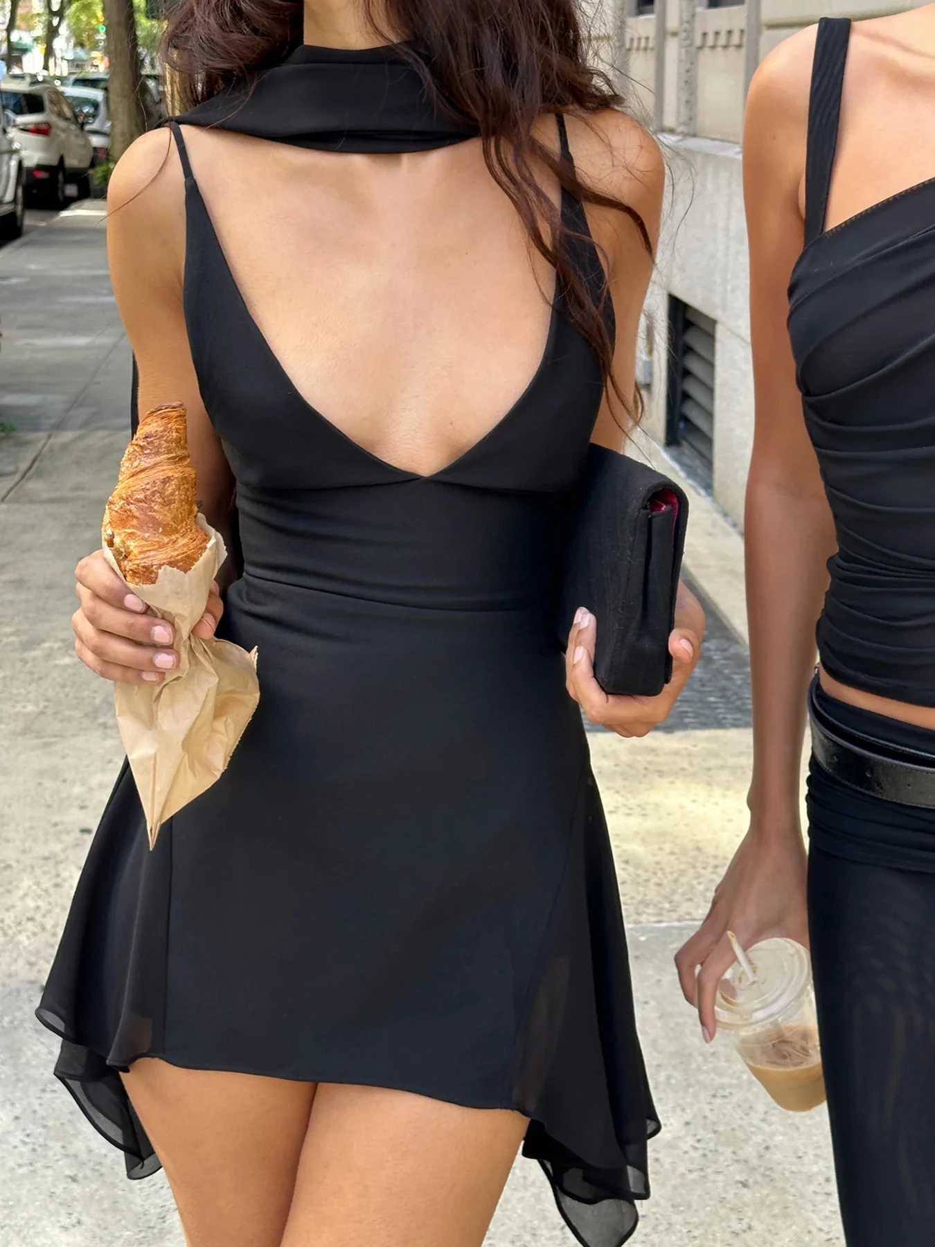 Cuteandpsycho Irregular A-line Vintage Solid Dress Halter Mesh Sleeveless V-neck Fashion Clothes Chic Streetwear Party Outfits XJ250610