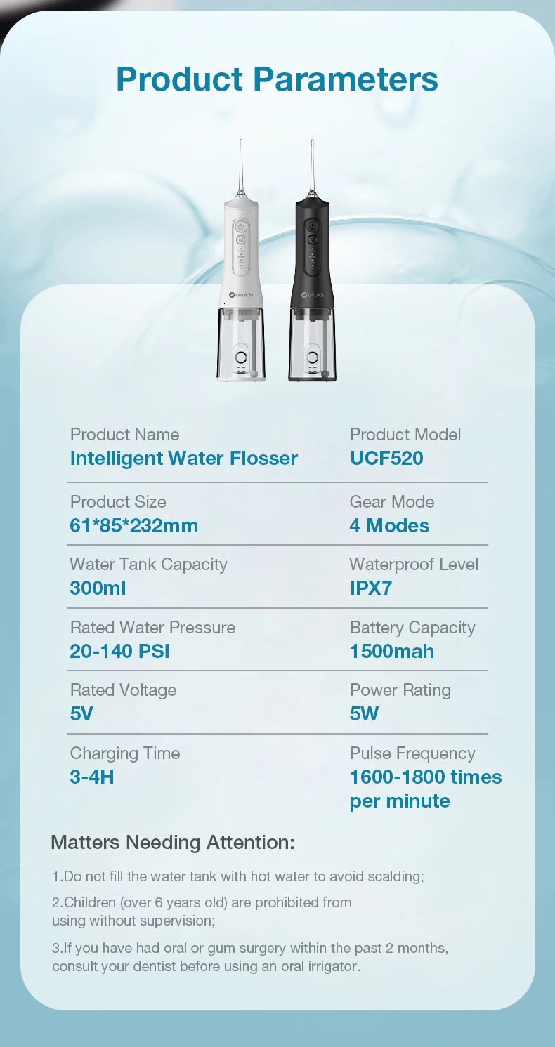 Oral Irrigator Portable Dental Water Flosser USB Rechargeable Water Jet Floss Tooth Pick 5 Jet Tip 300ml 4 Modes IPX7 1800RPM 250605