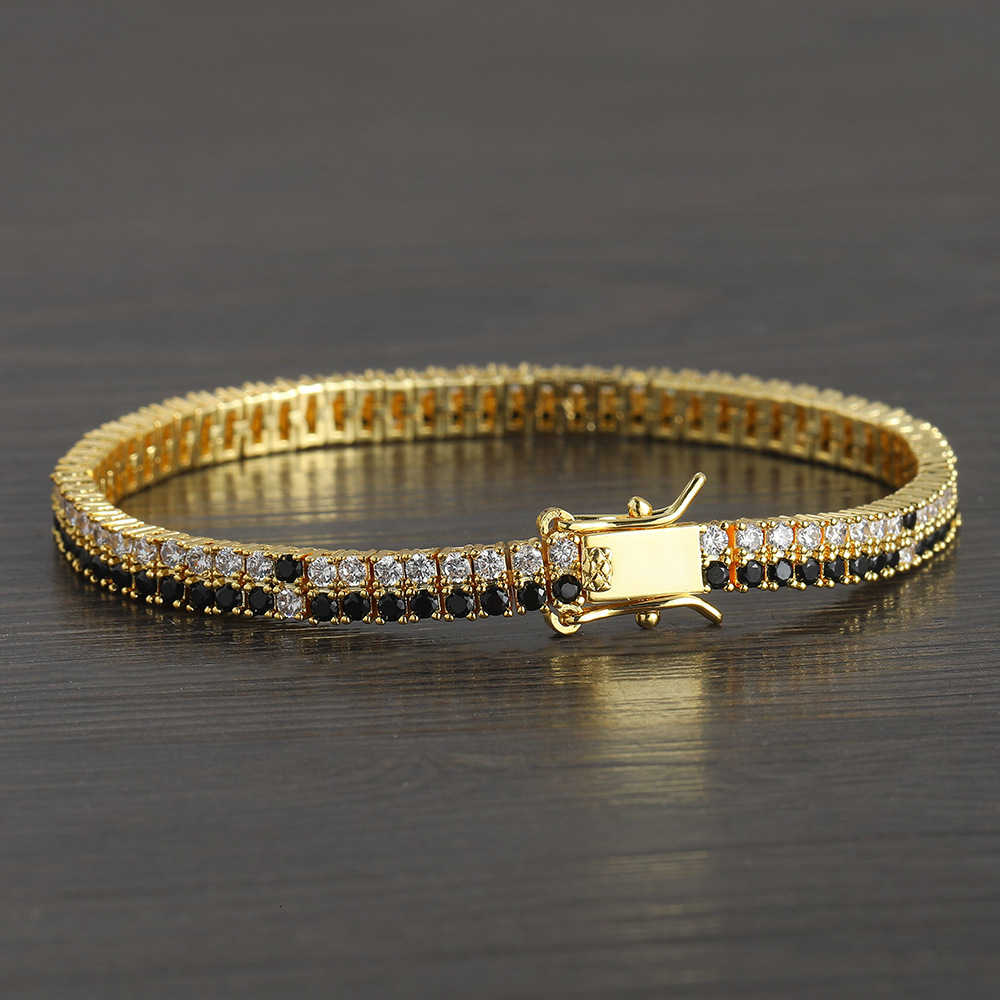 Wolf Tide Hip Hop Black And White Cubic Zirconia Tennis Bracelet Copper Inlaid Black And White Double Row Cz Stibes Sparkly Diamond Chains Bangle New 