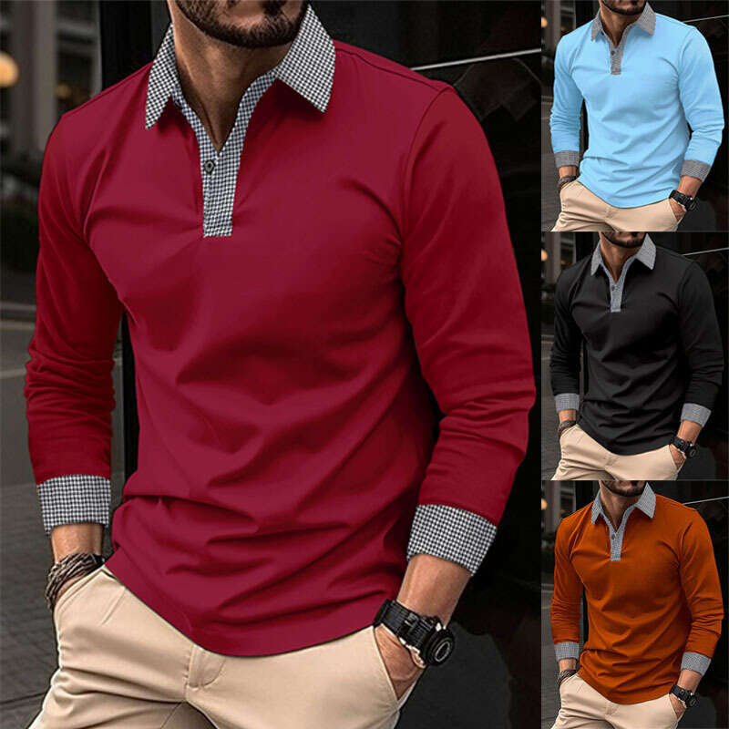 New Men's Long Sleeve Spring And Autumn Color Block Print Casual Polo Shirt B5