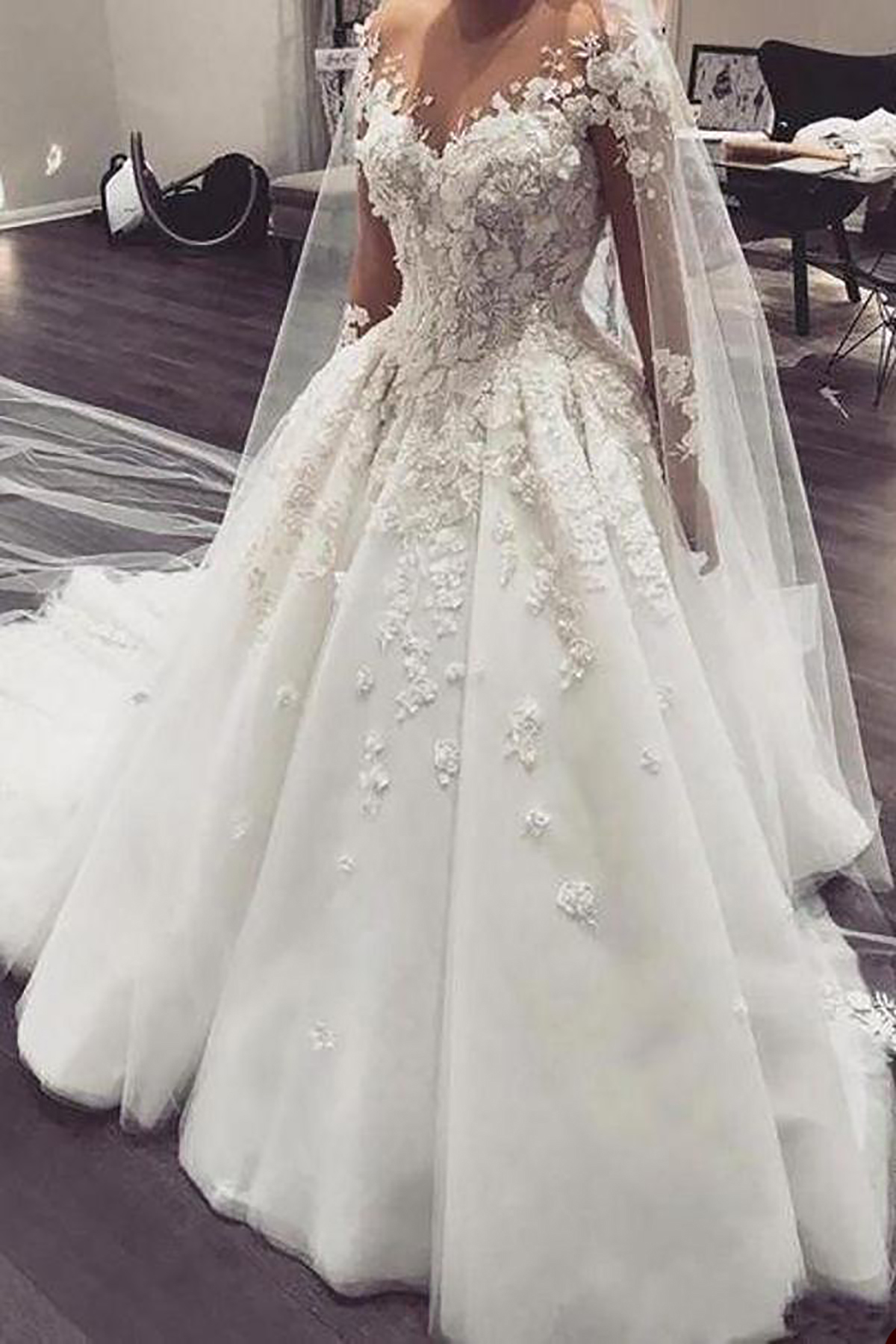 Luxury Beaded Lace Wedding Dresses A Line Sweep Train Sheer Neck Tiered Bride Gowns Long Sleeves Custom Made Formal Castle Church Garden Princess Brid