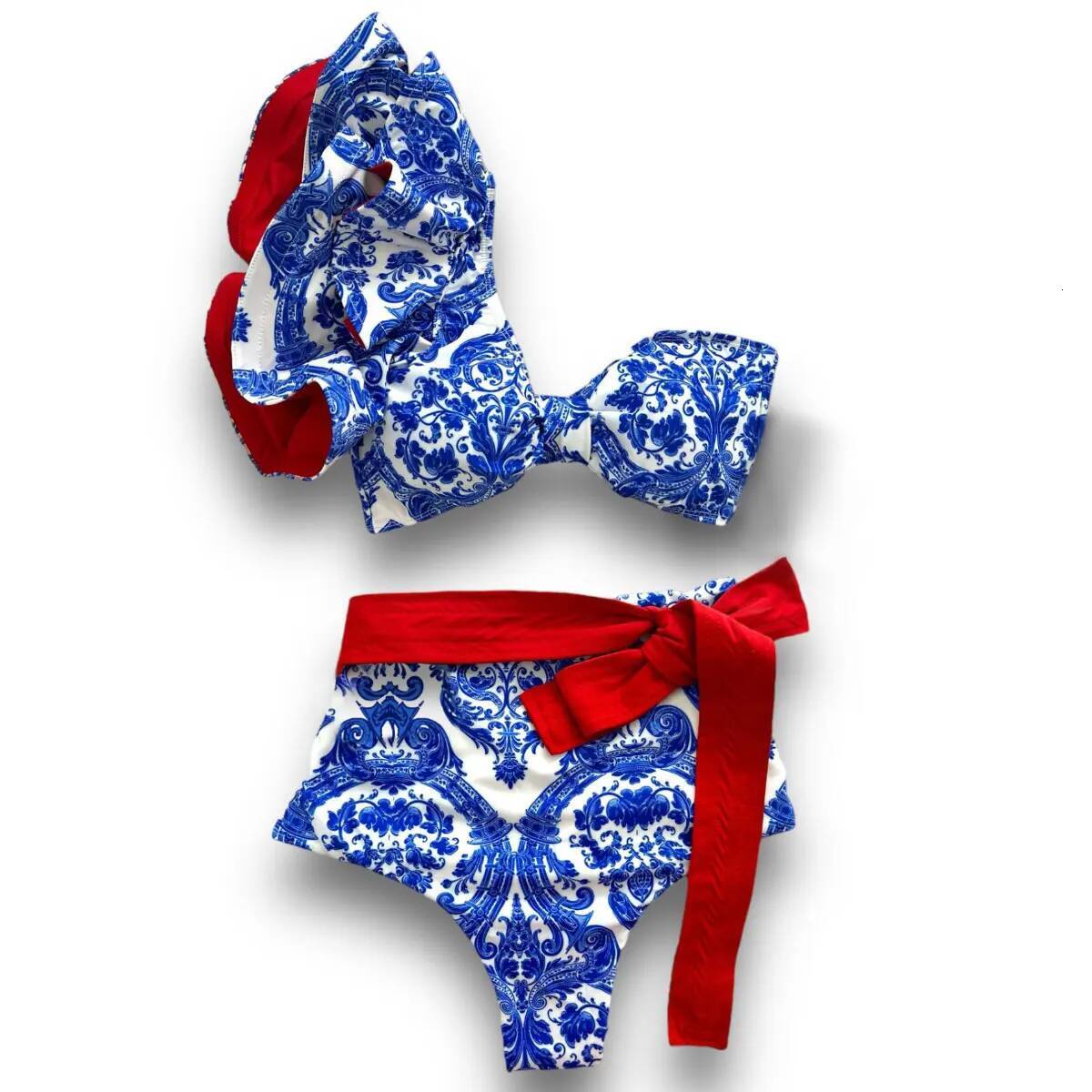Printed Two Pieces Women Swimsuit With Cover Up Shoulder Ruffle Bikini Set Sexy Strappy Swimwear Female Biquini Swim Suit Beach