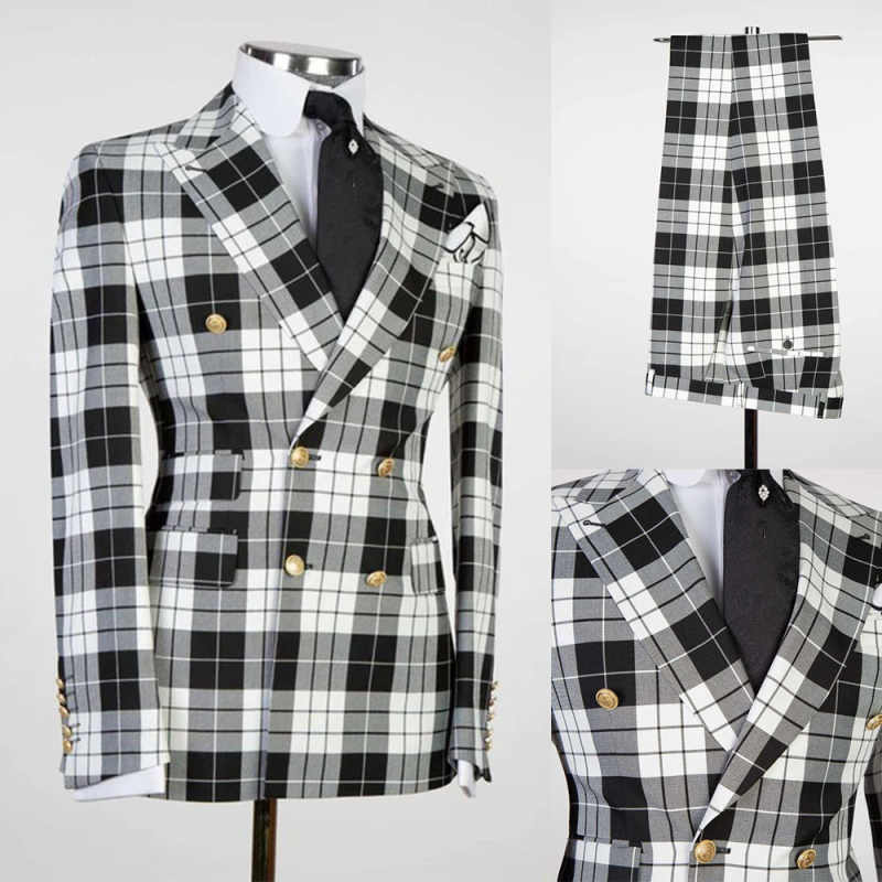 Classic Wedding Tuxedos 2 Piece Set Jacket Pants White Black Check Men Suit Vintage Groom Wear Party Evening Suits Customized