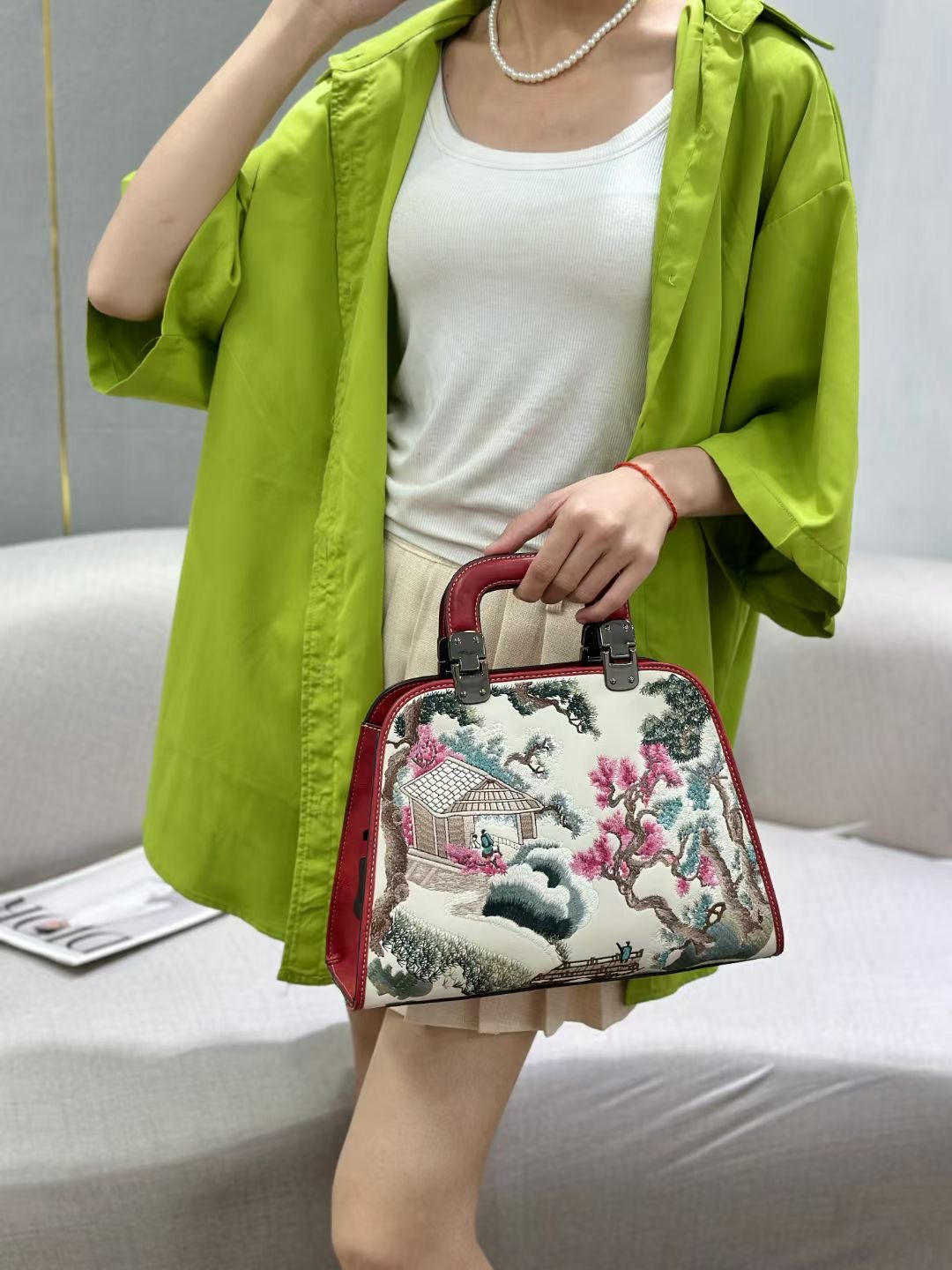 Vintage Chinese Style Embroidered Dark Green Bamboo-Handle Handbag designer bag