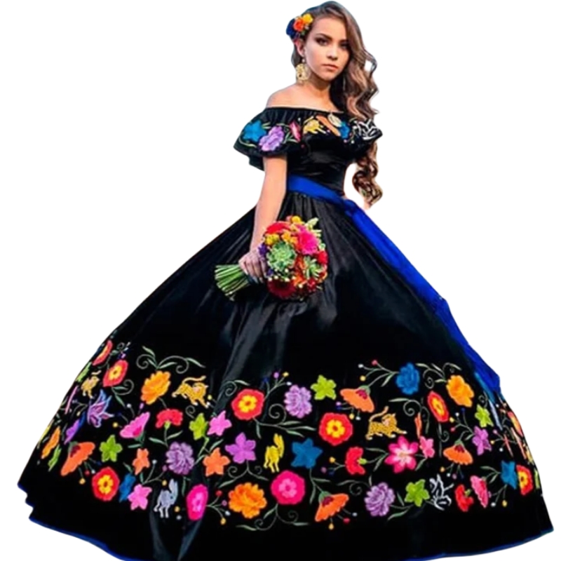 Mexican Style Embroidery Ball Gown Quinceanera Dresses Colorful Flowers Sweet 16 Dress Vestido De 15 Anos Lace-Up Customized Black Prom Wear