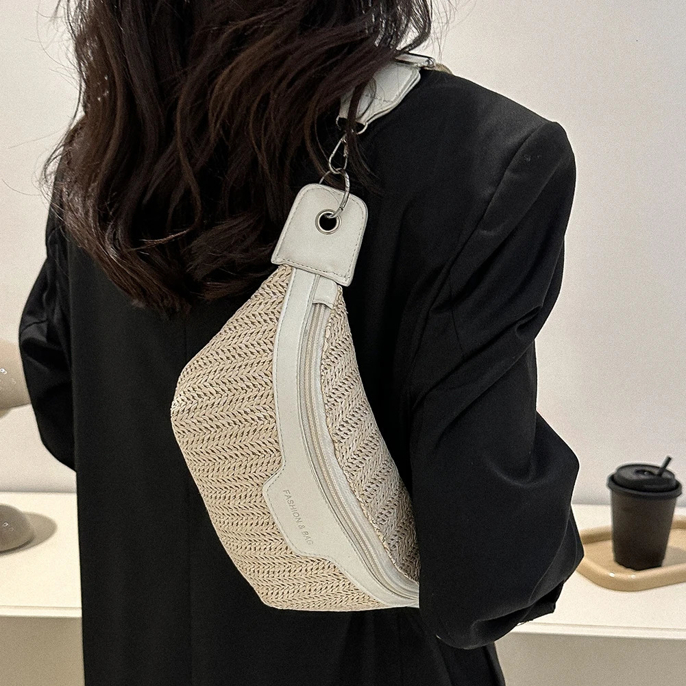 Womens Waist Pack Straw Woven Ladies Shoulder Sling Crossbody Bags for Women Summer Fanny Purse Female Belt Chest Bag 250605