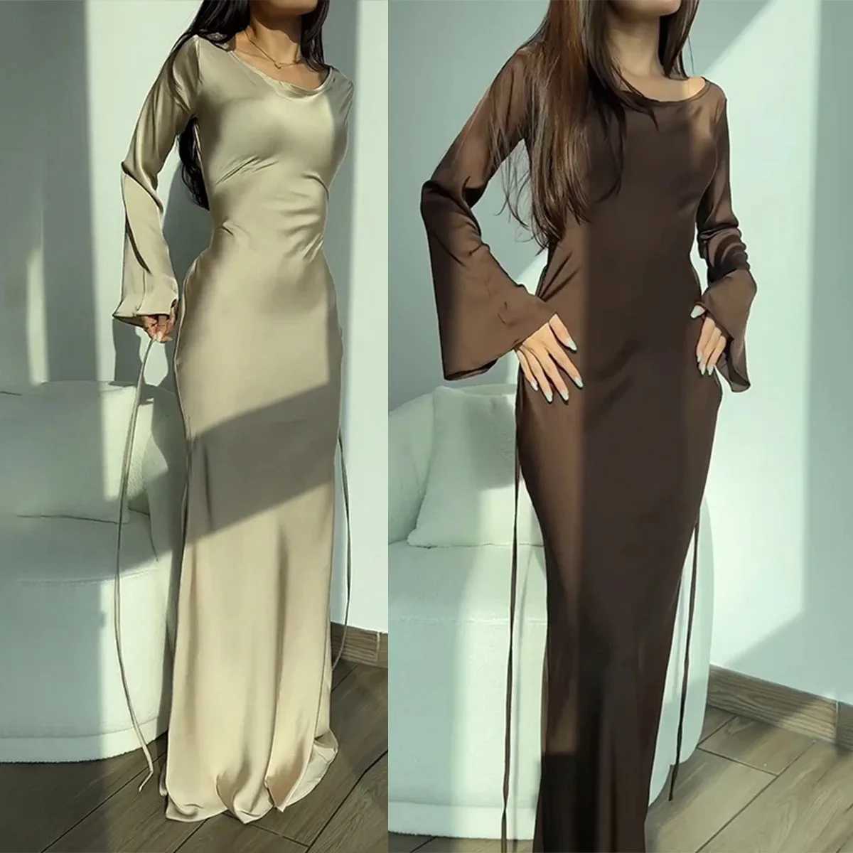 Women Spring Summer Long Dresses Elegant Evening Party Maxi Dress O Neck Solid Flare Sleeve Lace Up Bodycon Slim Lady Dresses XJ250610