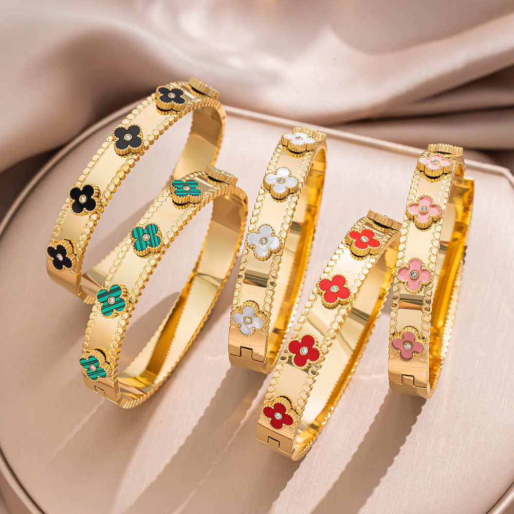 Fashion Four Leaf Clover Inlaid Blue Zircon Bracelet Golden Stainless Steel Bracelets Bangles Delicate Jewelry Gift for Women 250512