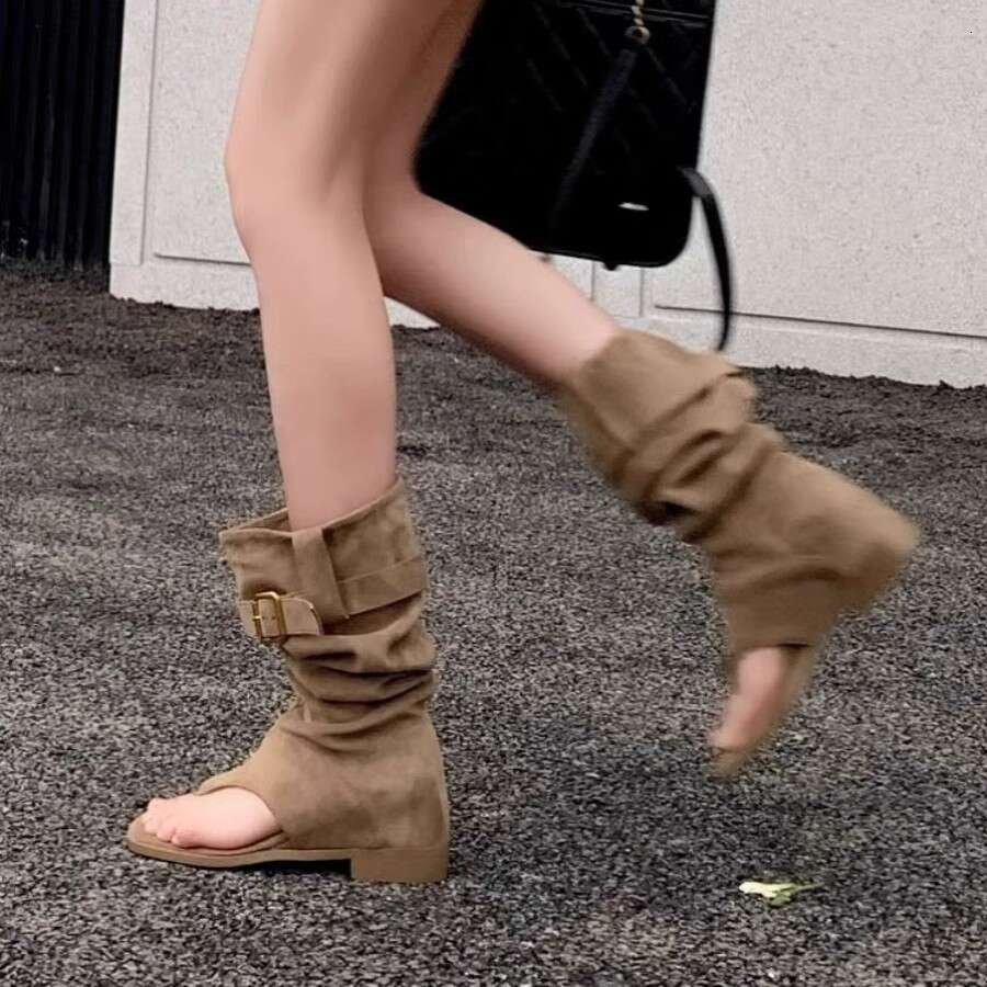 Yanshun~ Instant Hair Square Toe Clip for Women Summer New Style Hot Girl Western Cowboy Flat Stacked Boots Sandals