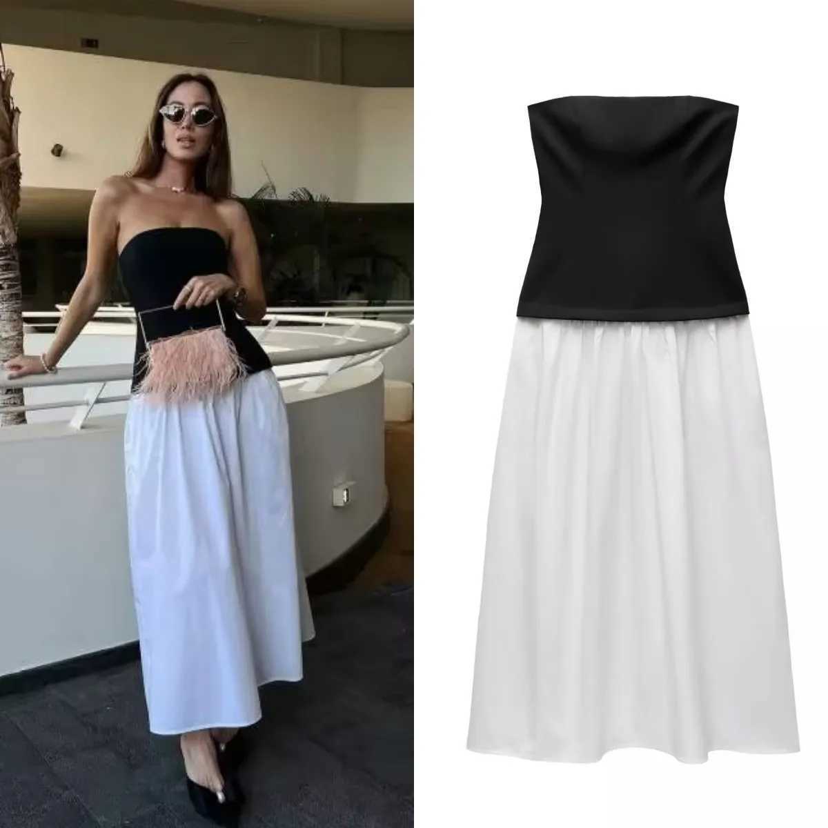 TRAF 2025 Womens Spring collection Elegant fashion party dress color contrast patchwork sexy strapless dressXJ250610