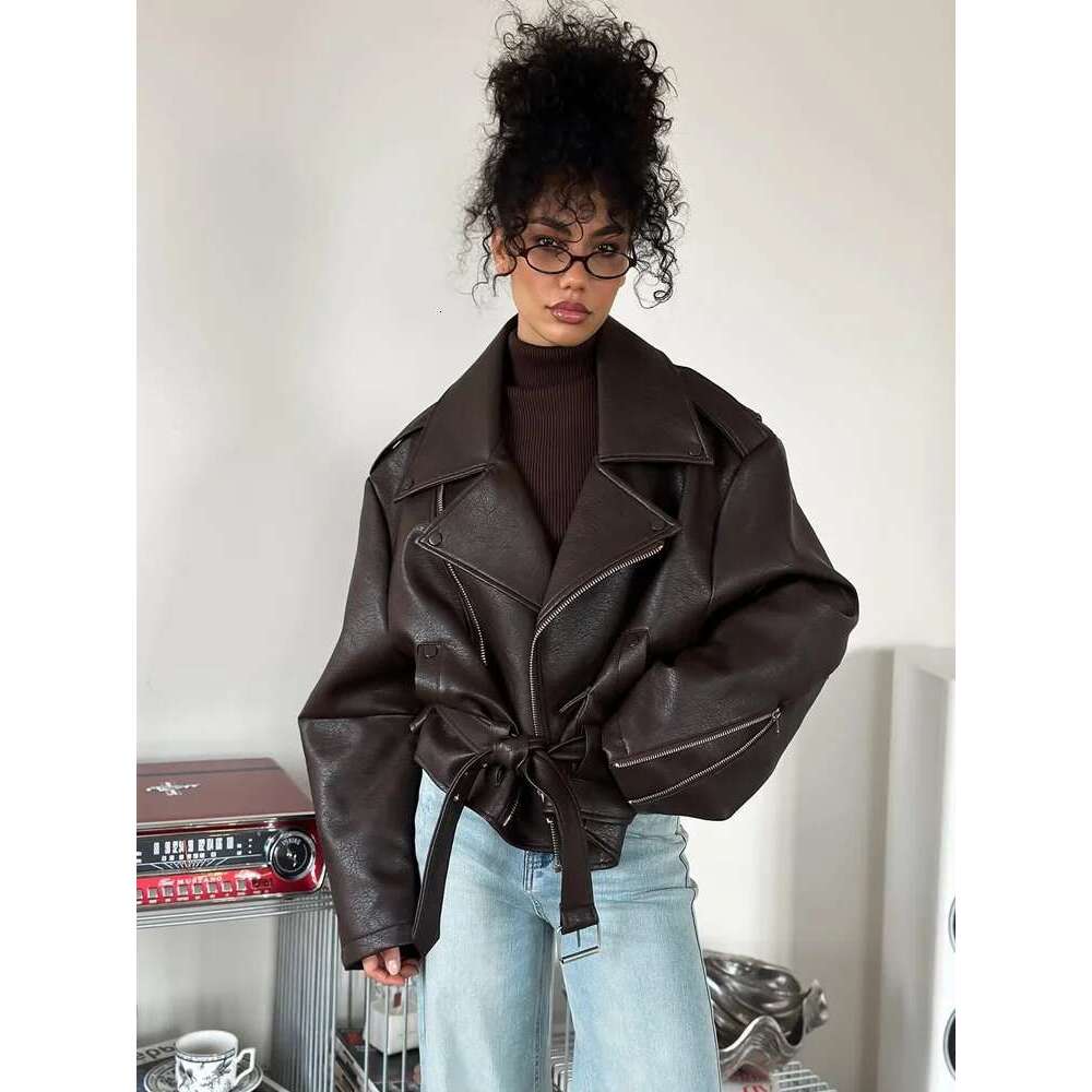 Leather Lapel Lace Up Jacket Woman Loose Solid Color Long Sleeves Zipper Coat Casual Street Fashion Women's New Baggy Jackets