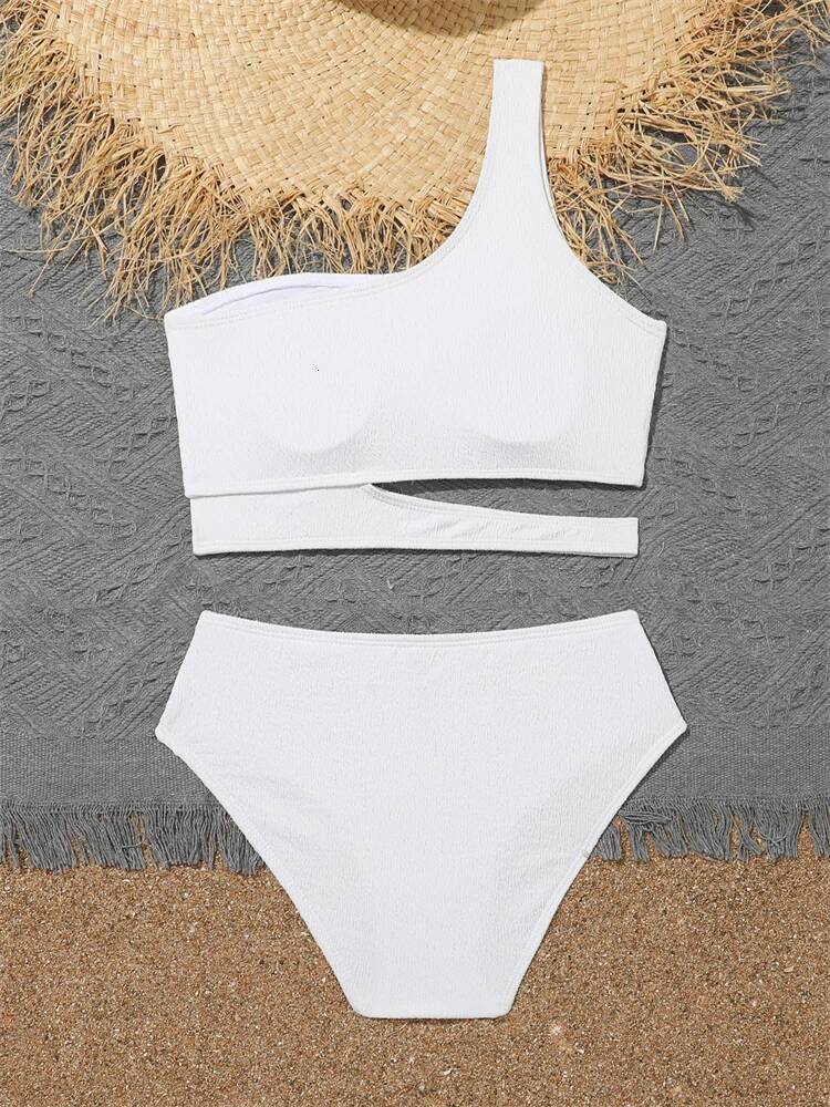 Girls' Swimsuit Bikini 2025 New Solid One Shoulder Bikinis Set Children Swimwear Summer High Waist Kids Beach Wear Bathing Suit
