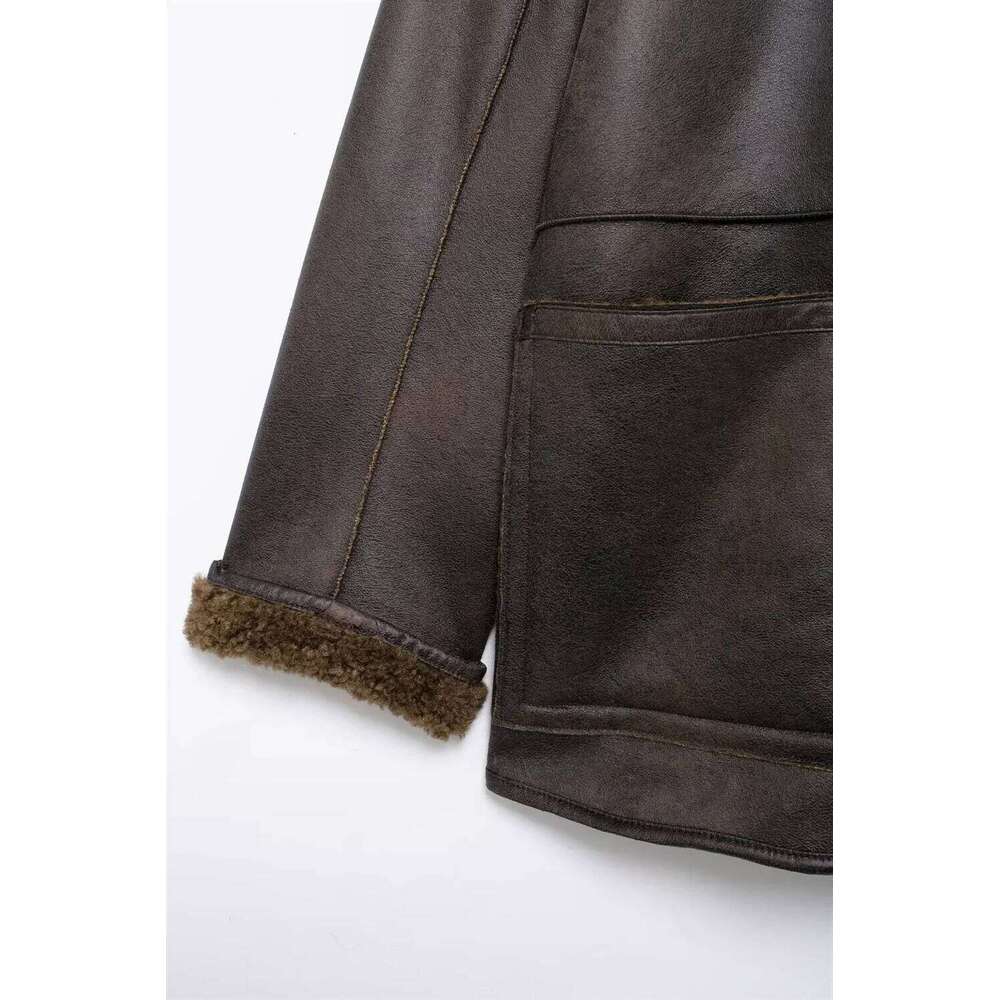 TRAF2024 Autumn/Winter New Women's Wear High end Warm Leather Double sided Imitation Lamb Wool Loose Coat