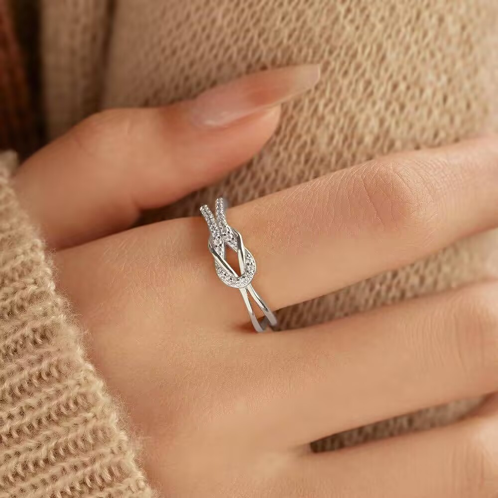 Designer Jewellery 925 Sterling Silver Bow Minimalist Zirconia Lucky Ring Wedding Gift for Mom Dainty Elegant Textured Jewelry Bridesmaid Present