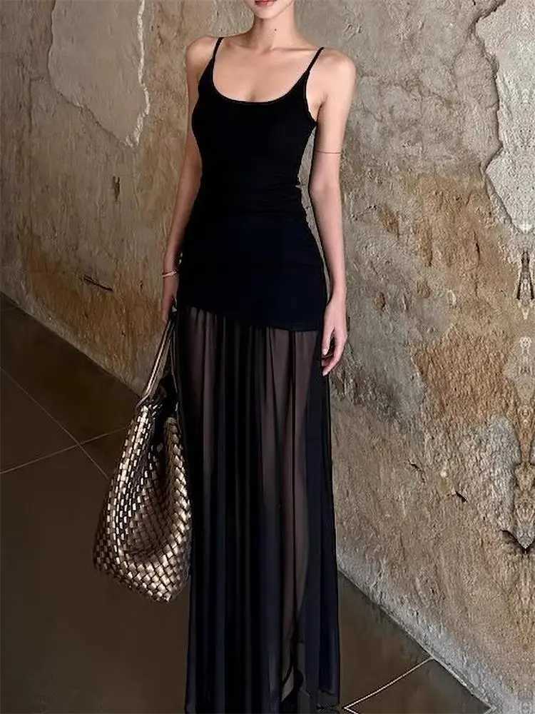 Elegant Mesh Patchwork Sleeveless Women Maxi Dress Bodycon Party Club Evening Dress Sexy See Through Vestido Clothing XJ250610