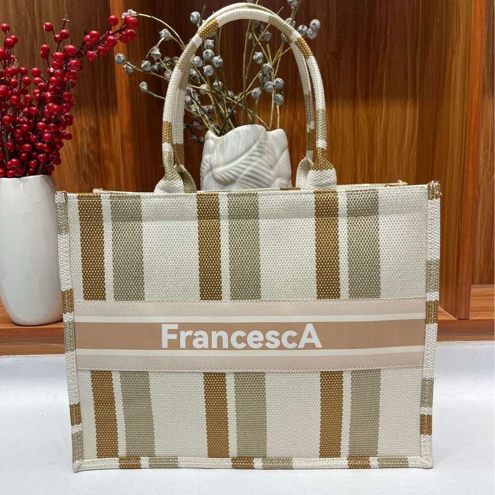 2024 New Canvas Embroidered Digital Print Student Large Capacity Tote Office Commute Striped Bag