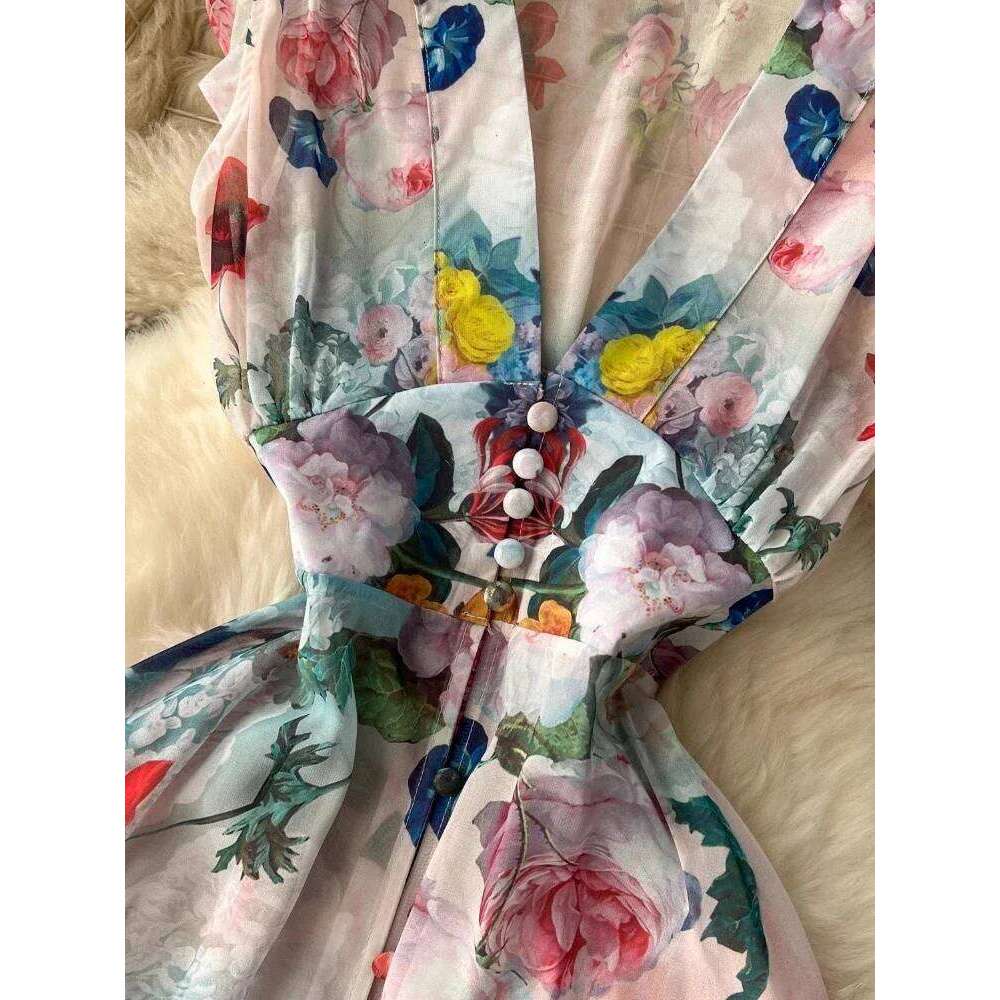 Summer Holiday Gorgeous Floral Retro Women Sleeveless Ruffles Flower Print Dress Female Bohemain Robe Festival Vestidos