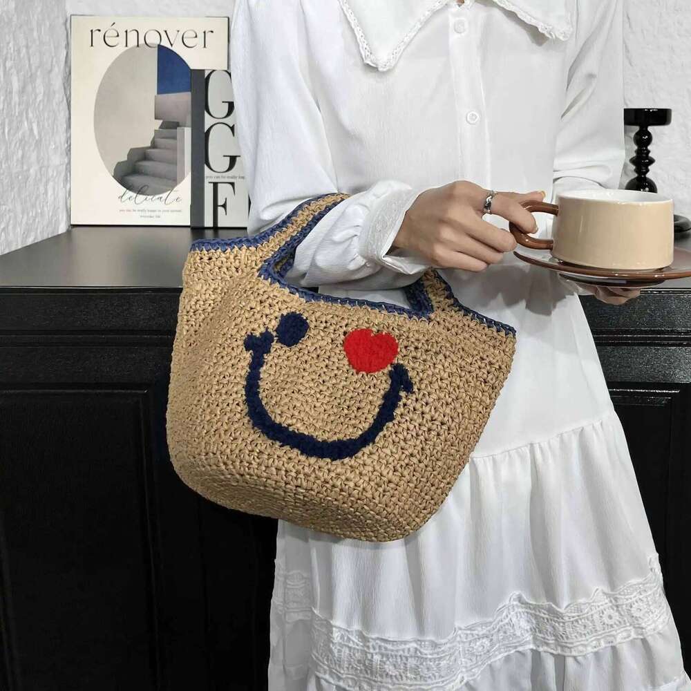 New Arrival Straw Woven Handbag Cute Smiling Face Bucket Knitted Bag Summer Beach Top-Handle Totes Ladies Travel Shopping Purse