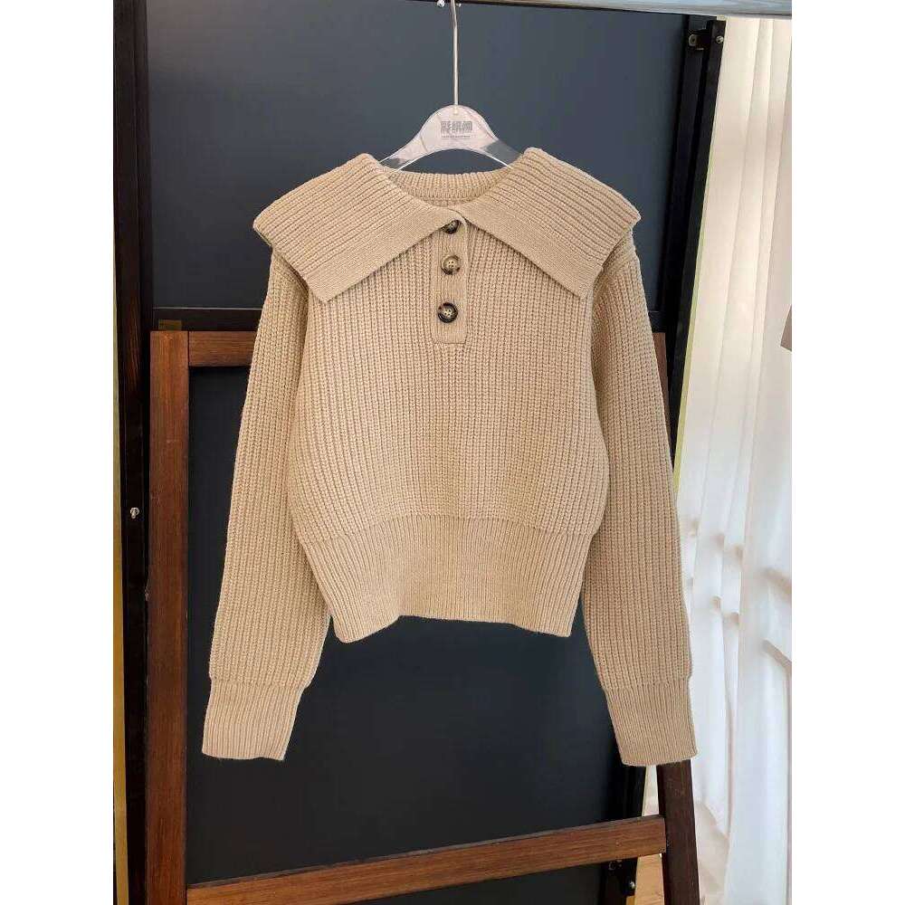 Large Turn-Down Collar Women's Knit Sweater Slim Temperament Lady Solid Color Short Pullover Knitwears