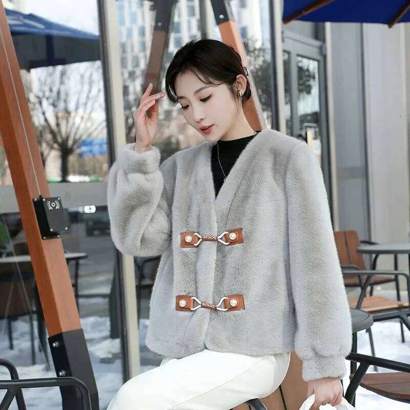 2024 Spring And Autumn Women Lazy New Eco Friendly Mink Fur Retro Chinese Loose Fit Coat Fashionable Pearl Buckle Cardigan