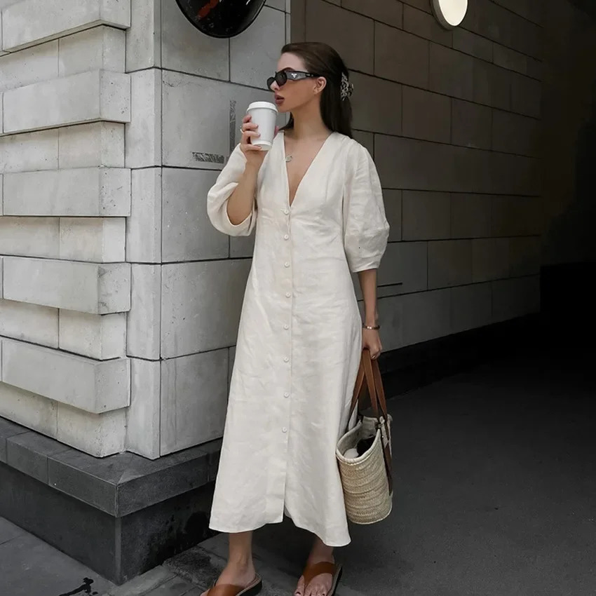 Retro Cotton Linen WomenS Summer Dress Sexy V-Neck Puff Sleeve Long Maxi Birthday Graduation Dresses Beach Sundress Robe Femmes 250606
