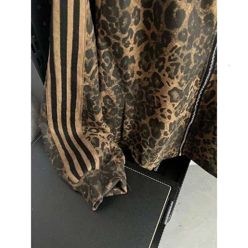 Y2K winter clothes warm casual coat Leopard print cardigan zipper striped long-sleeved high-quality turtleneck jackets for women