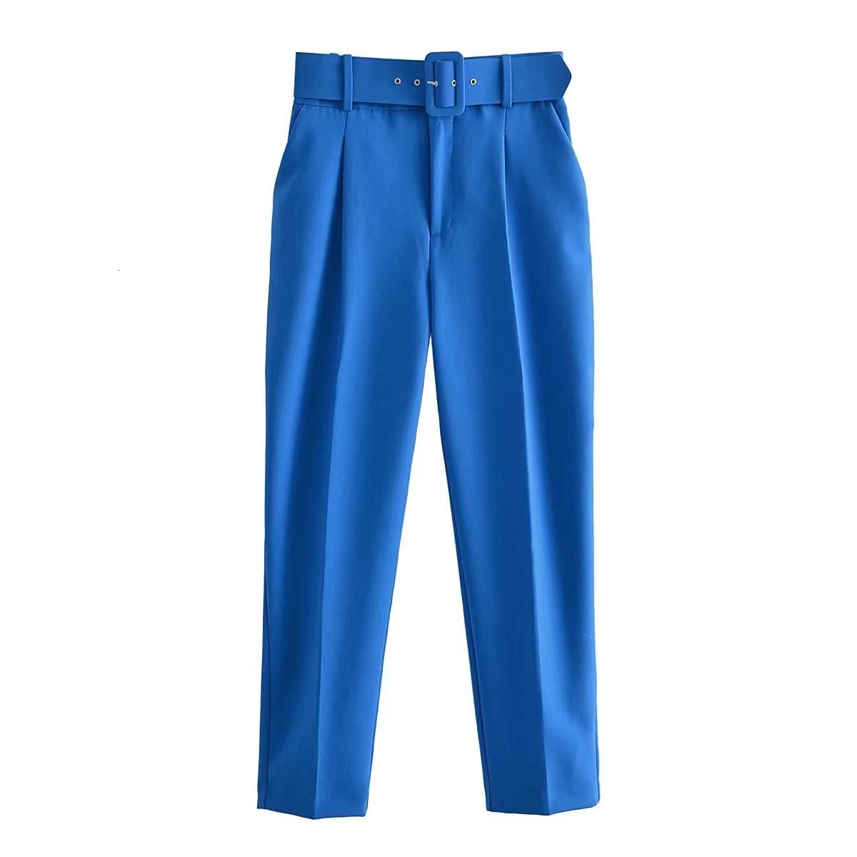 New Style Casual Pants with Slight Stretch Slim Fit Slimming Waistband Decoration Solid Color Straight Leg Suit Style Nine-Tenths Length240807