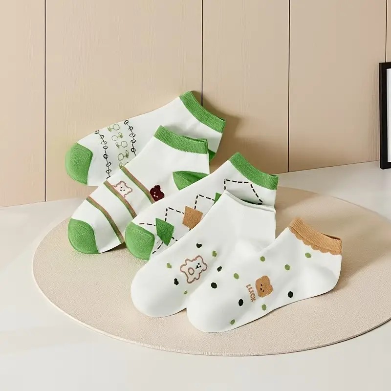 Soft Japanese Cartoon Geometric Low-Cut Boat Socks - Breathable Fabric Green Accents